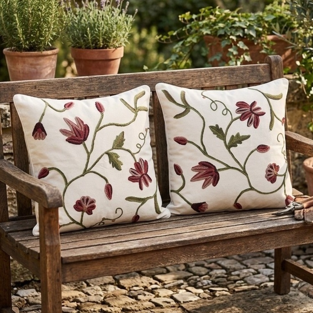 Floral Crewel‎ Embroidered Throw Pillow Covers Set of 2 Cream Burgundy 17.5x17.5